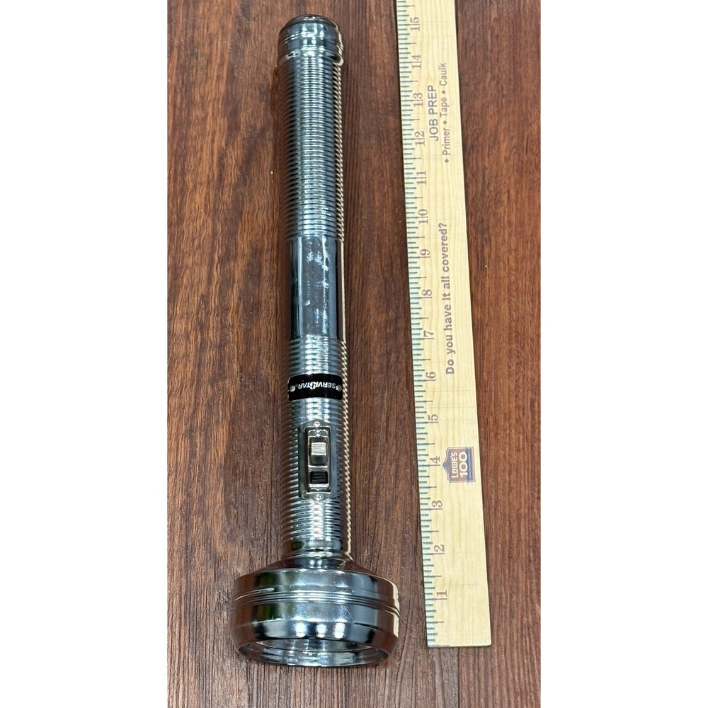 SERVISTAR USA Chrome Metal Flashlight D-Cell Powered 15" Handheld Lighting Vtg